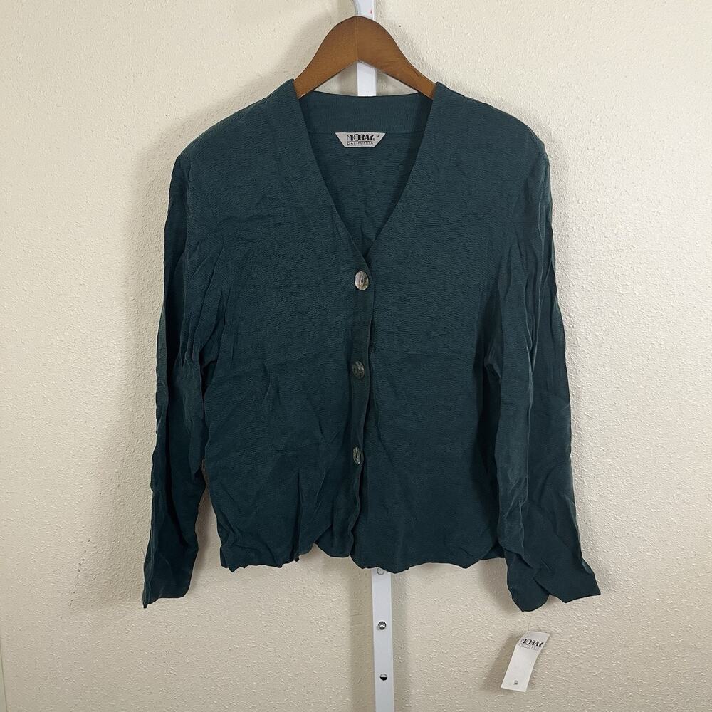 NWT Vintage Moray 90s Bemberg Blouse Womens M Teal Shoulder Pads